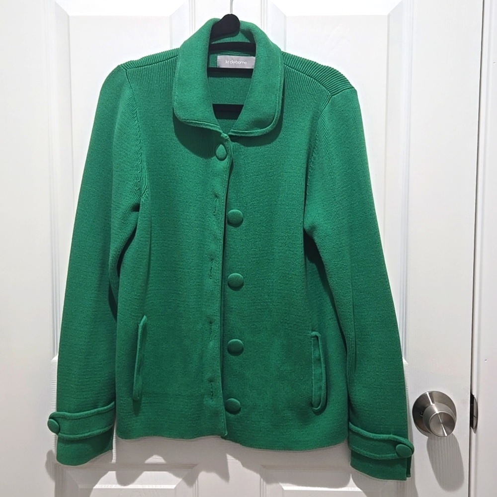 Liz Claiborne green button down knit sweater, jacket 88% cotton, pockets…